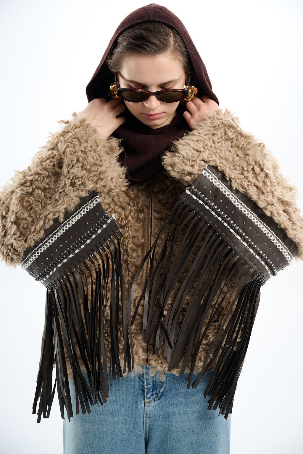 Shearling Reversible Beige Jacket with Detachable Fringes 60 cm