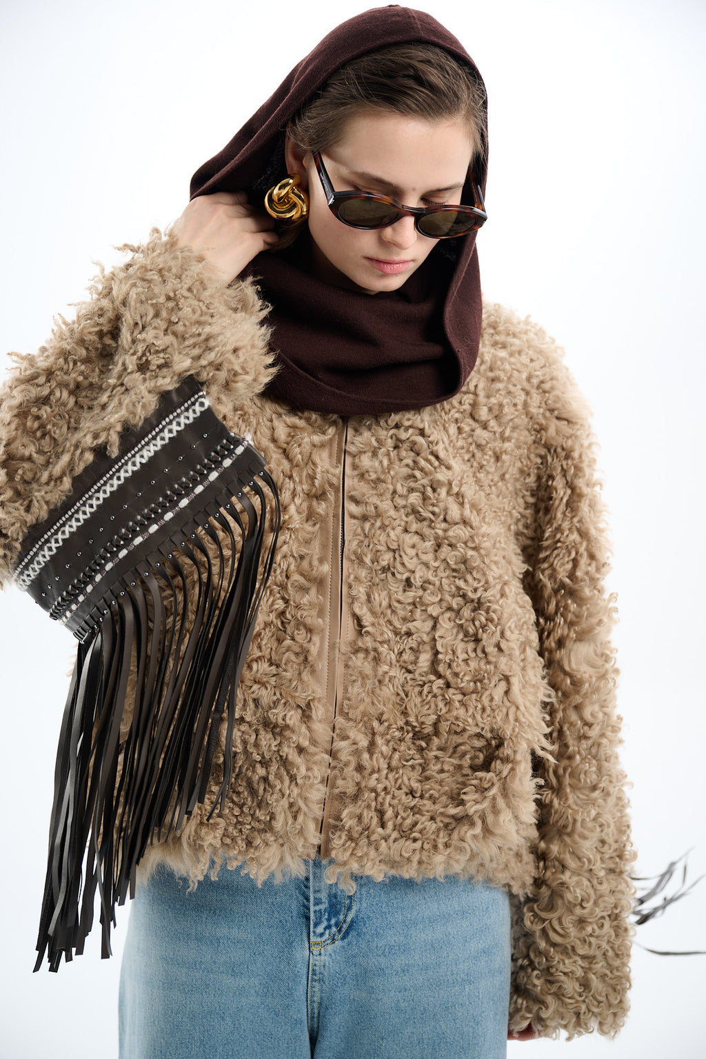 Shearling Reversible Beige Jacket with Detachable Fringes 60 cm