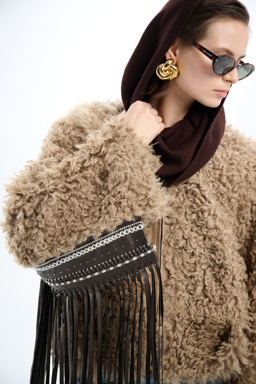 Shearling Reversible Beige Jacket with Detachable Fringes 60 cm