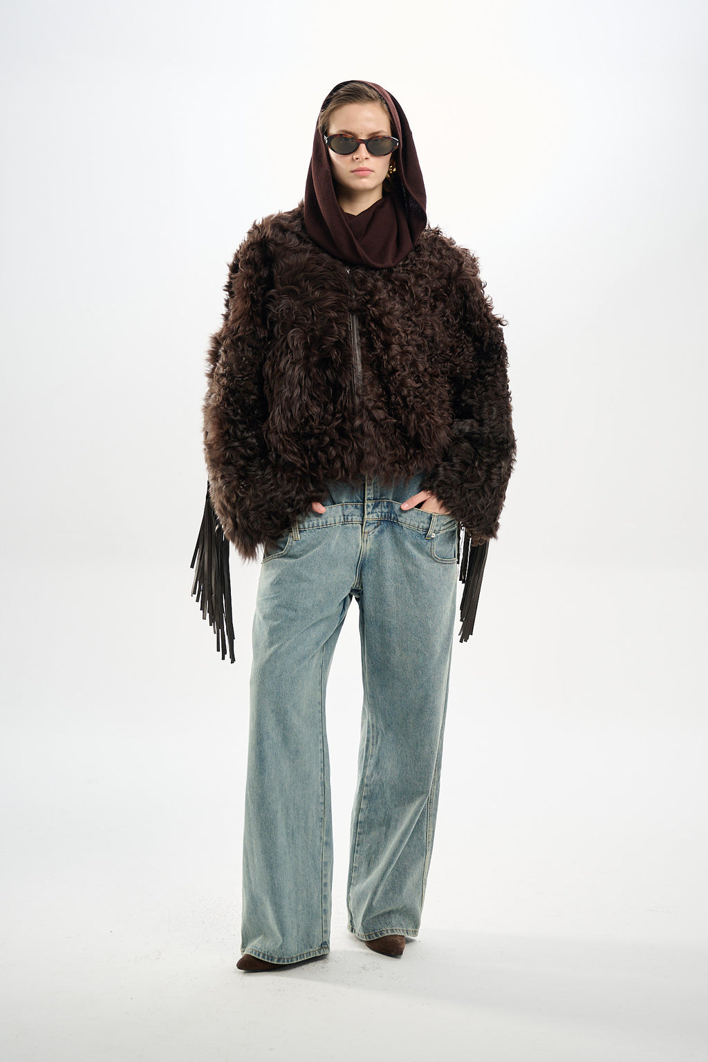 Shearling Reversible Brown Jacket with Detachable Fringes 60 cm