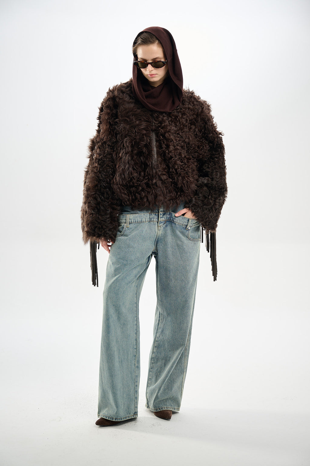Shearling Reversible Brown Jacket with Detachable Fringes 60 cm