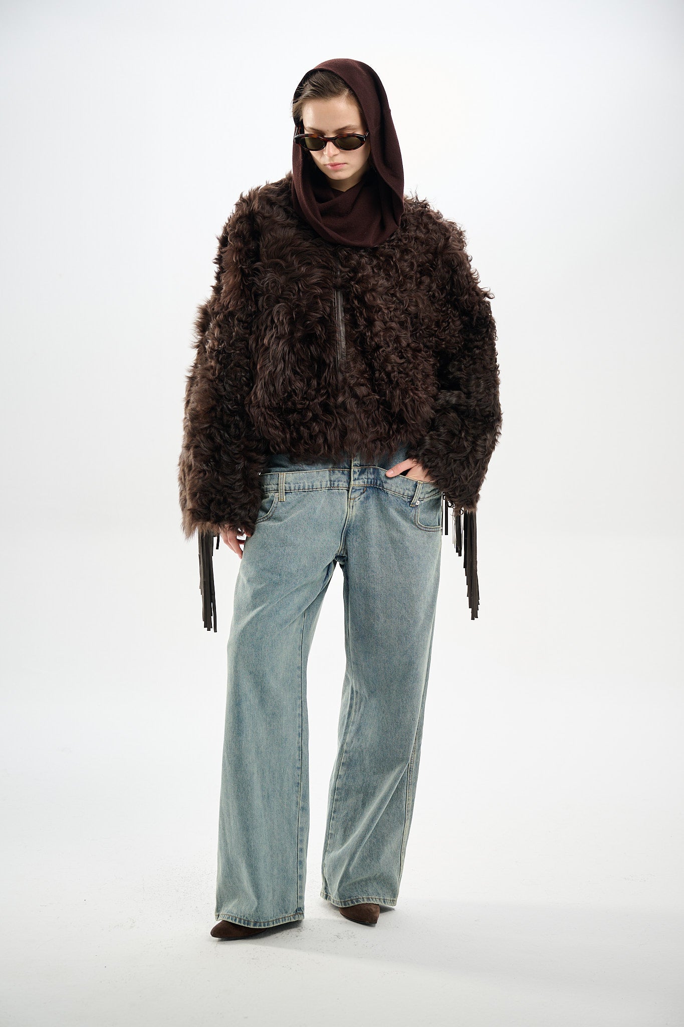 Shearling Reversible Brown Jacket with Detachable Fringes 60 cm