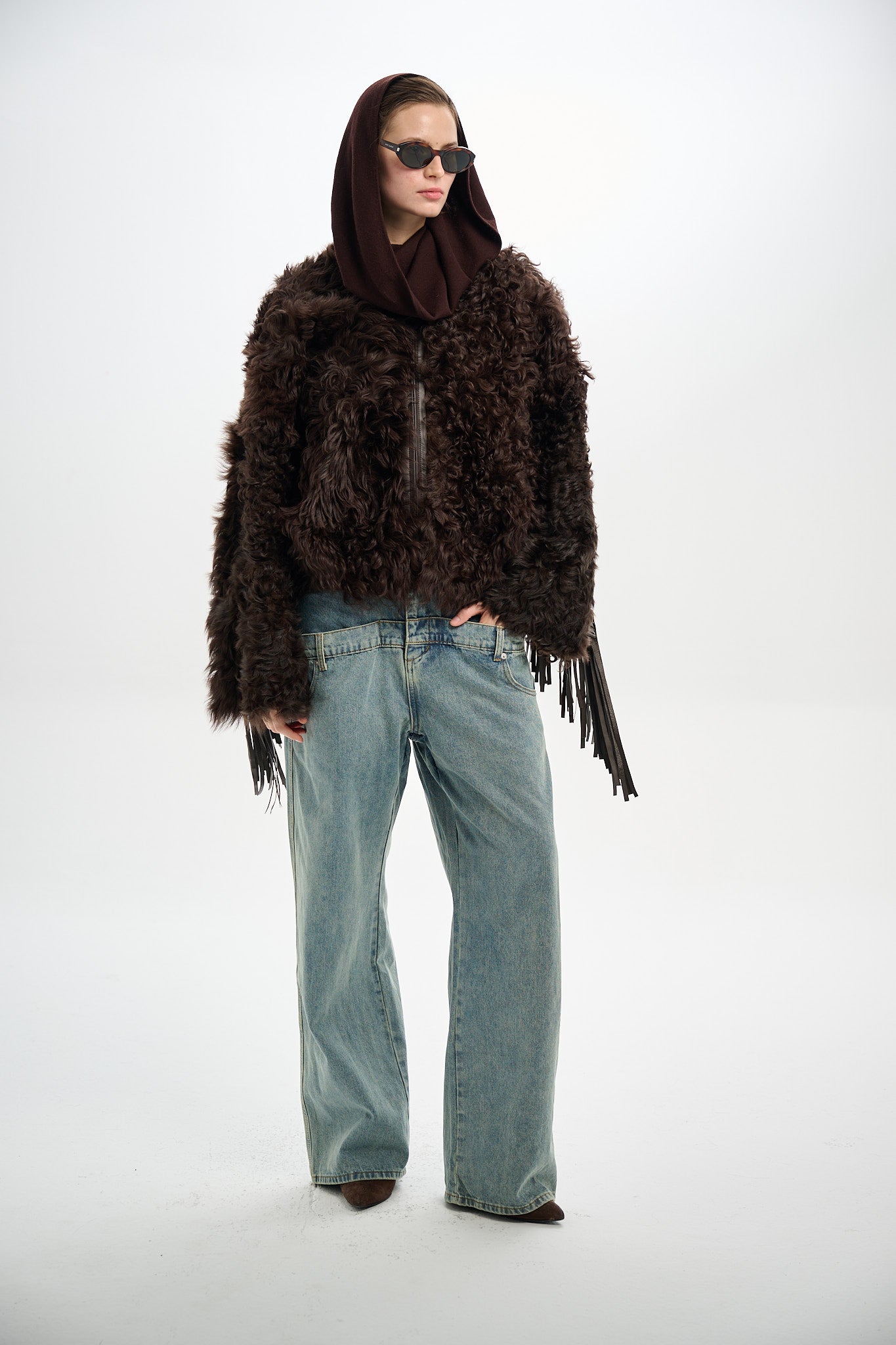 Shearling Reversible Brown Jacket with Detachable Fringes 60 cm