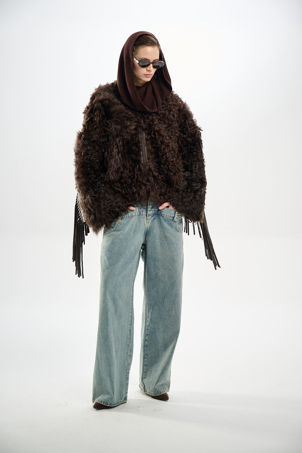 Shearling Reversible Brown Jacket with Detachable Fringes 60 cm