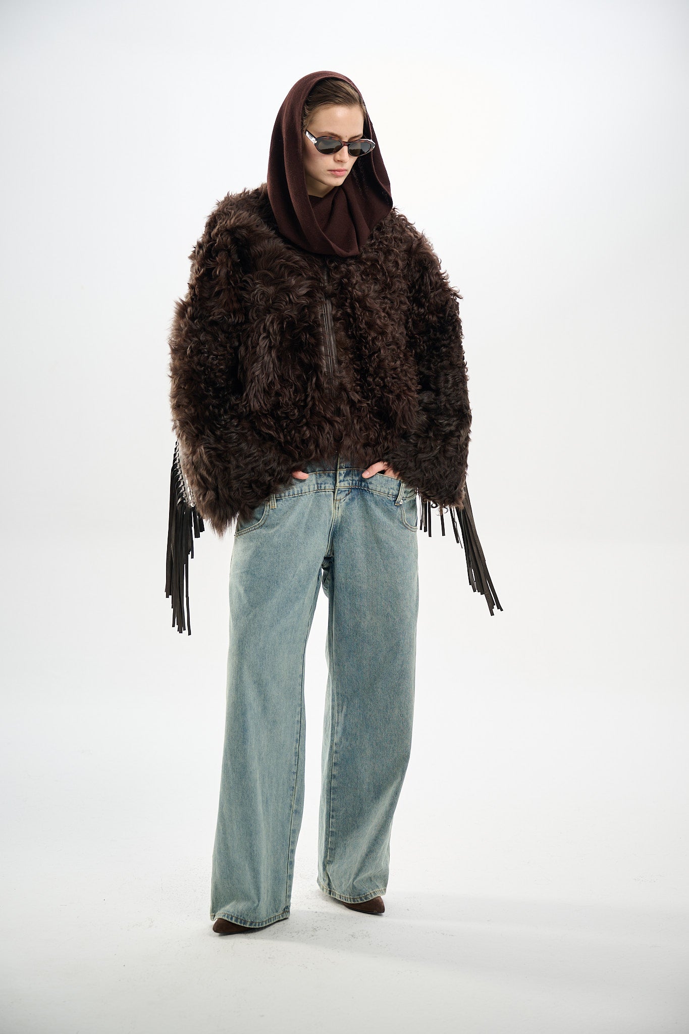 Shearling Reversible Brown Jacket with Detachable Fringes 60 cm