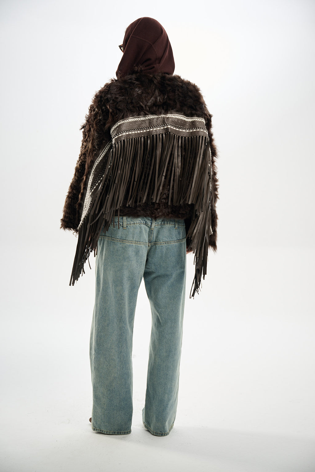 Shearling Reversible Brown Jacket with Detachable Fringes 60 cm