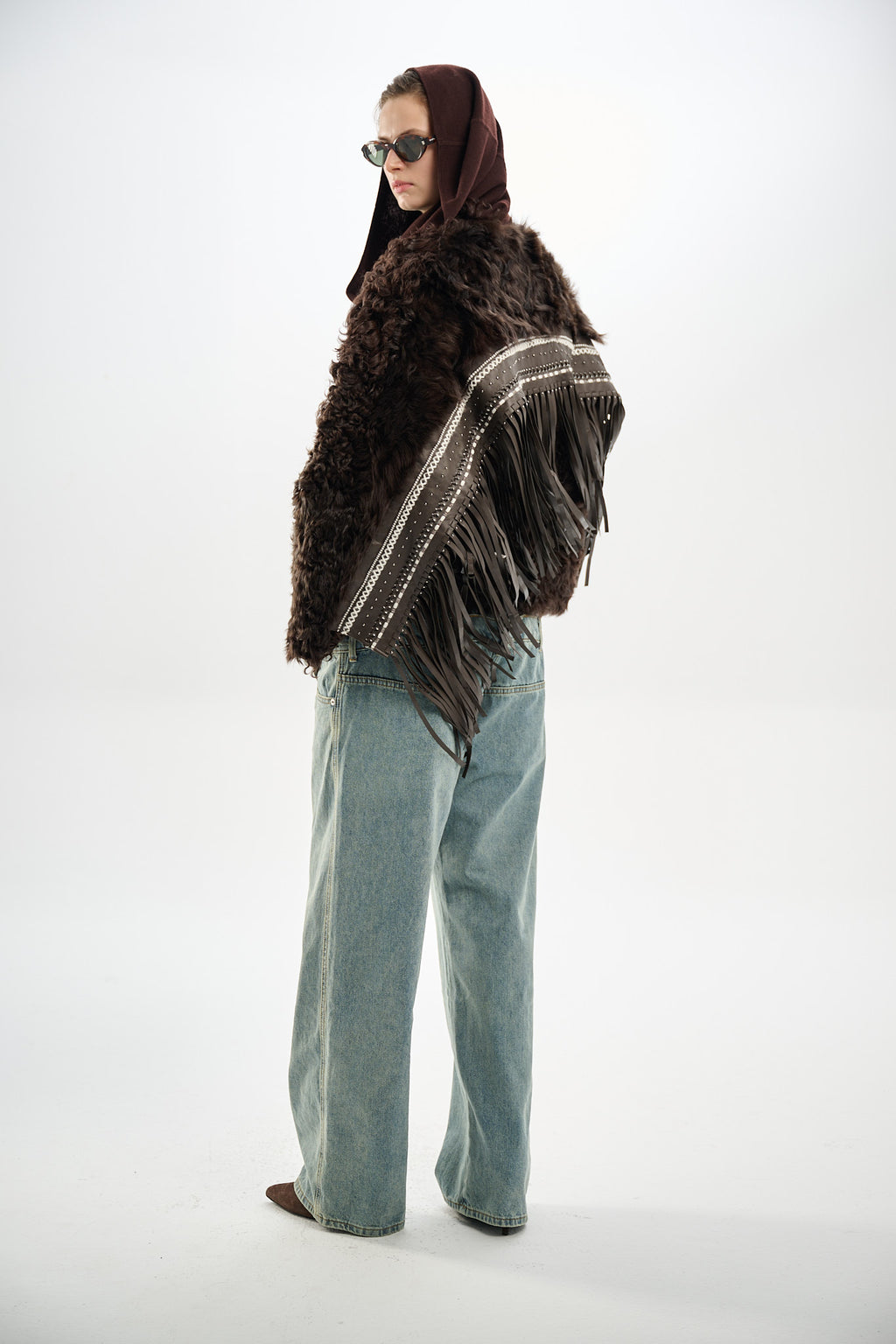 Shearling Reversible Brown Jacket with Detachable Fringes 60 cm