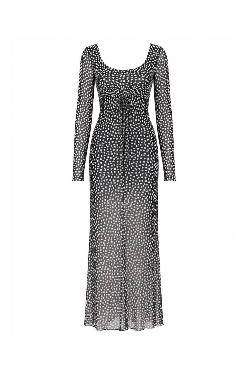 Long Polka Dot Silk Dress with Belt